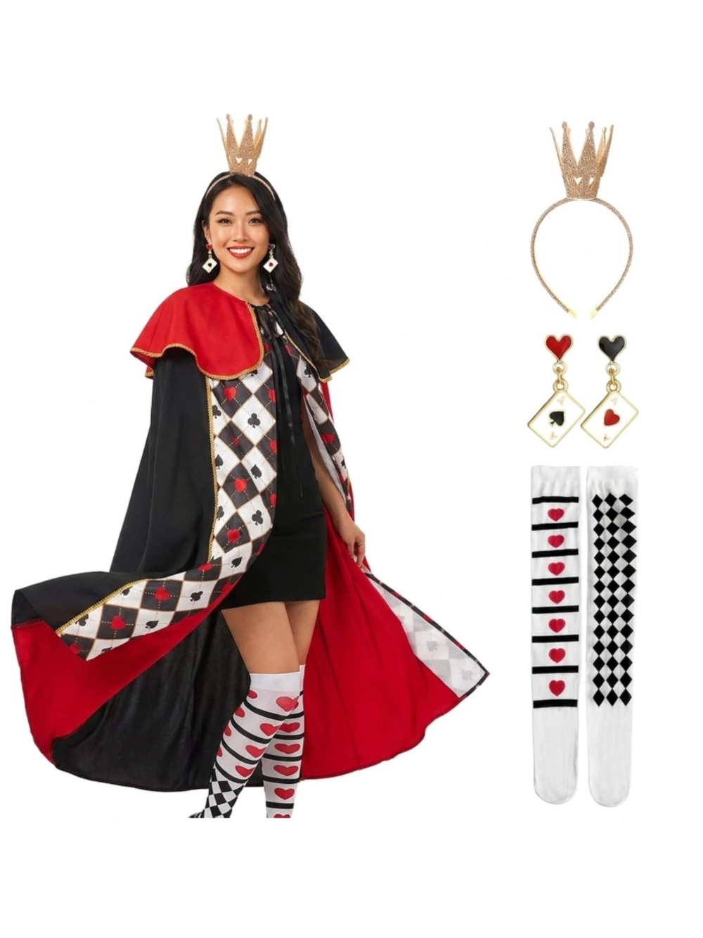 Queen of Hearts Cape Costume Set with Crown, Earrings & Stockings for Women's
